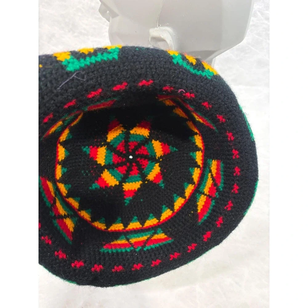 Vintage Handmade Rasta Crochet Bucket Hat Black Red Yellow Green‎ Geometric Star